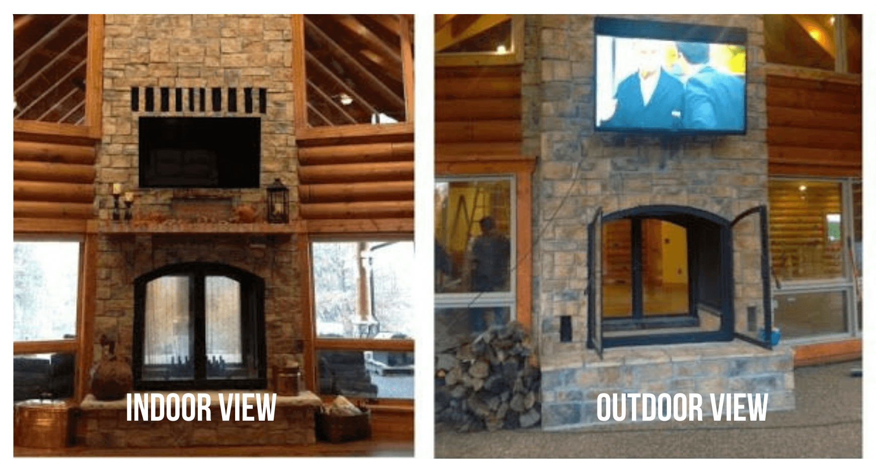 Woodsy Covered Patio with an Indoor Outdoor Fireplace and TV