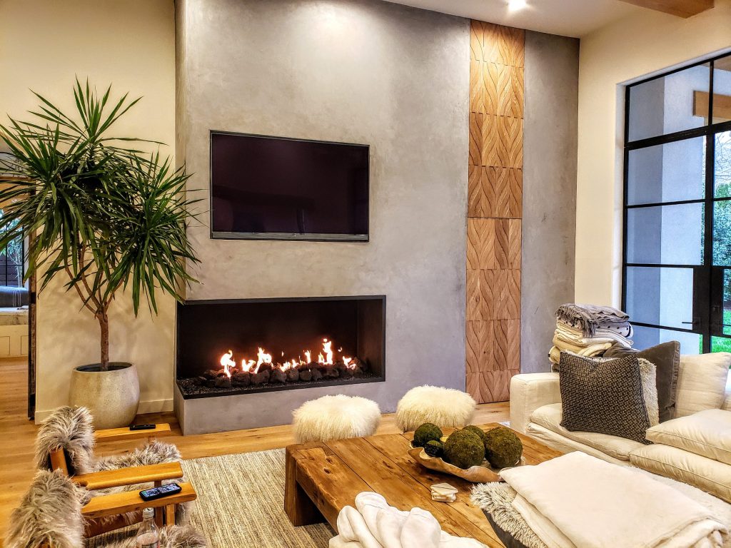 A living room with plants and an open fireplace