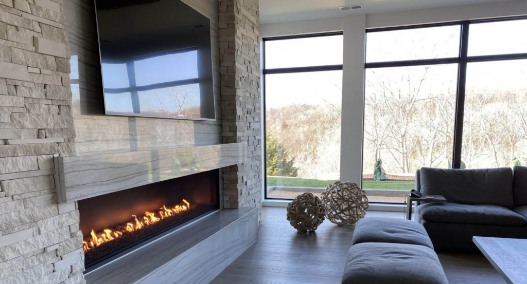 Image of a linear open gas fireplace