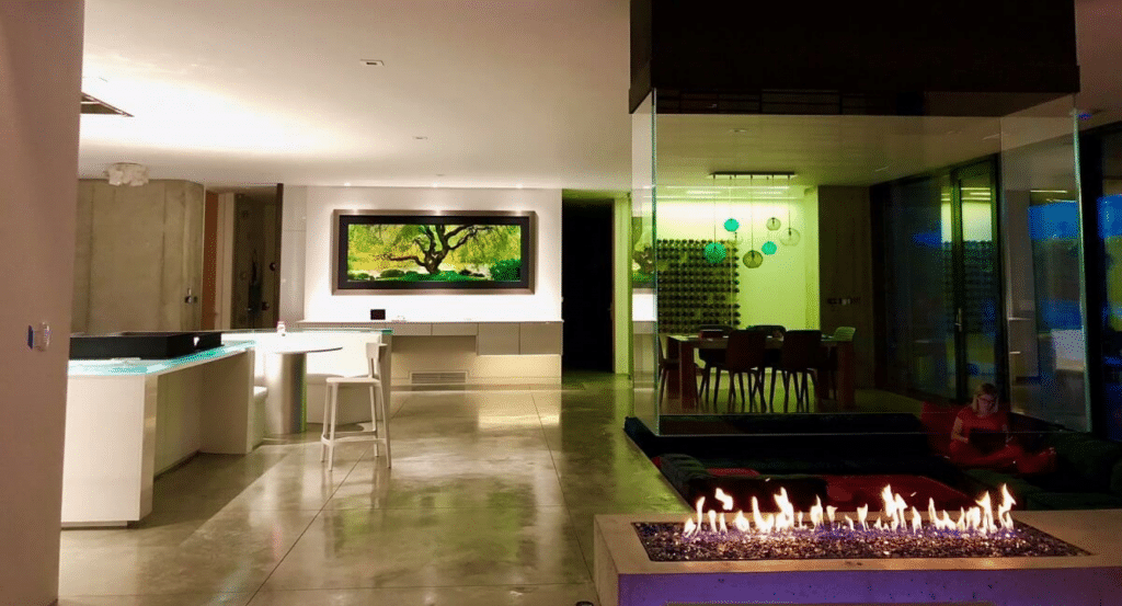 Image of a gas fireplace with suspended glass