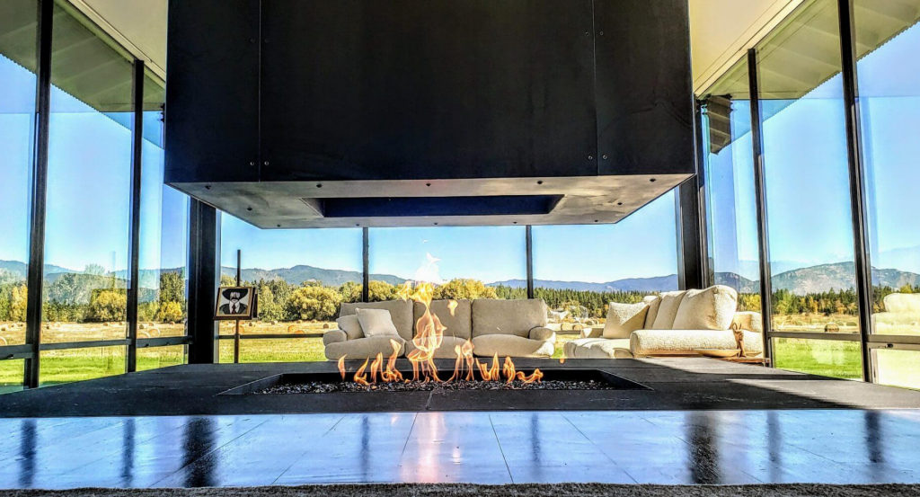 Image of a completely open gas fireplace without glass