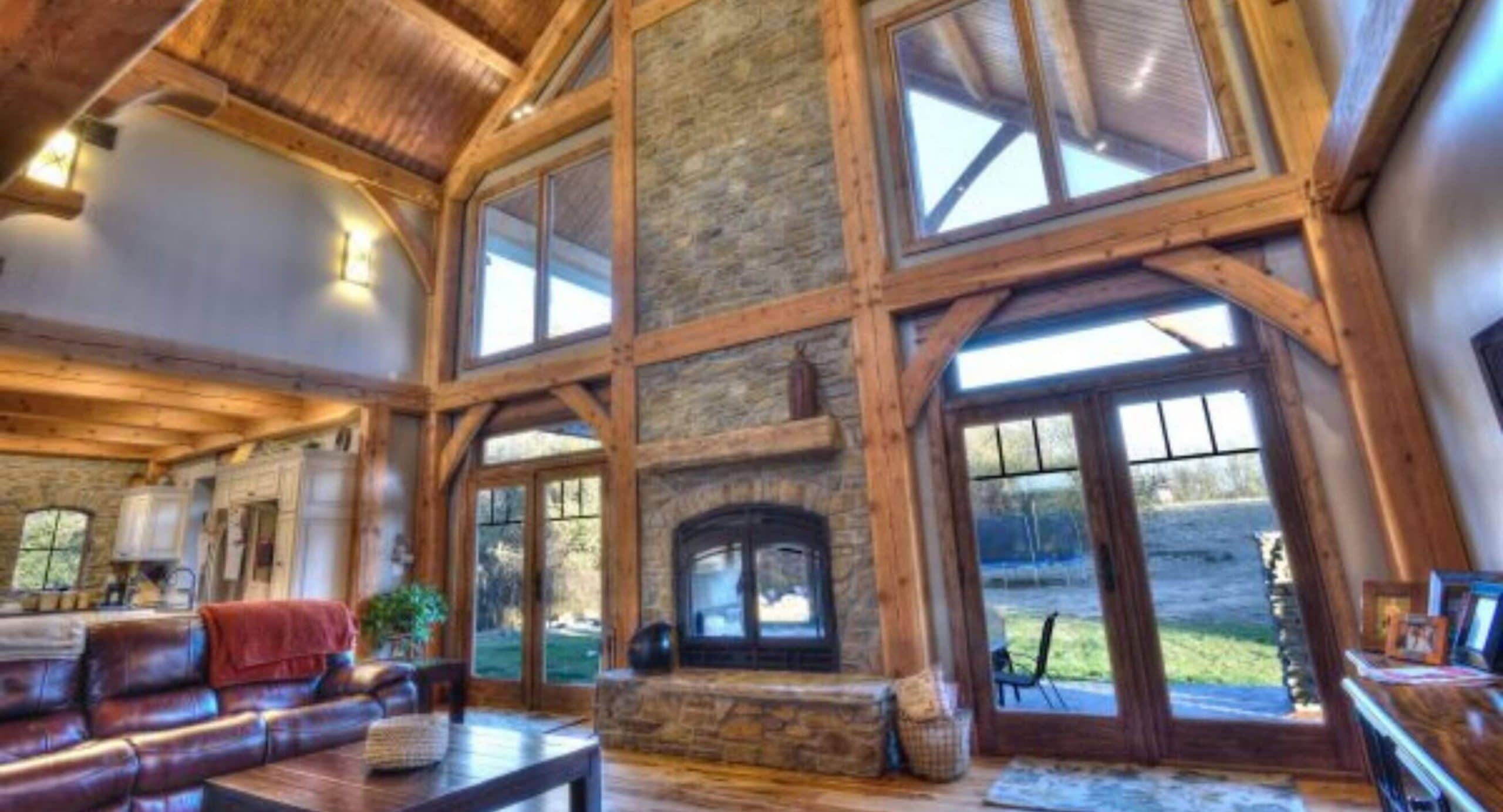 hotel lobby with floor to ceiling stone fireplace