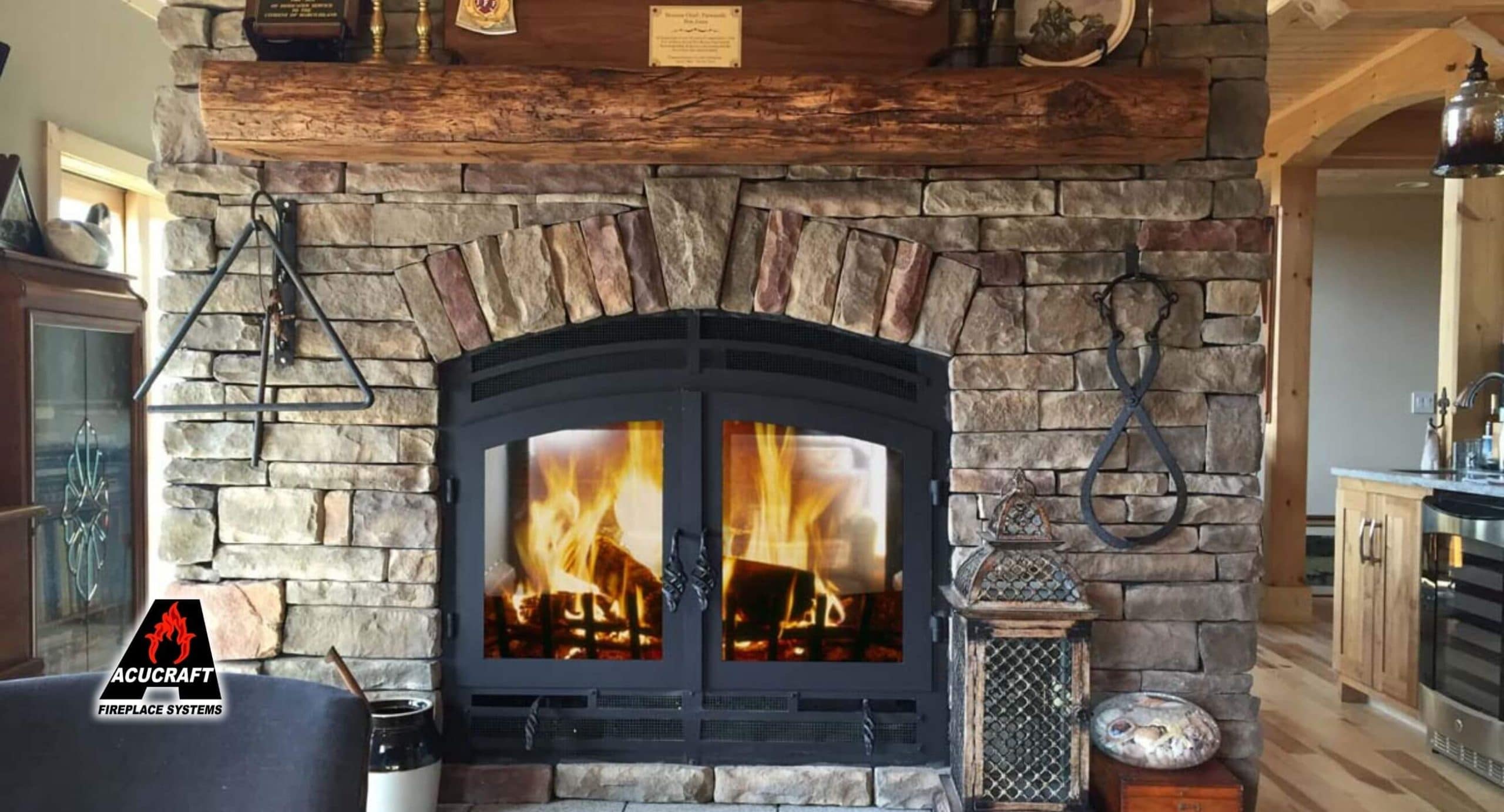 wood burning fireplace with iron doors