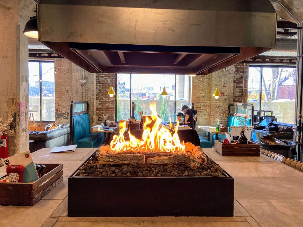 large open gas fireplace in a restaurant