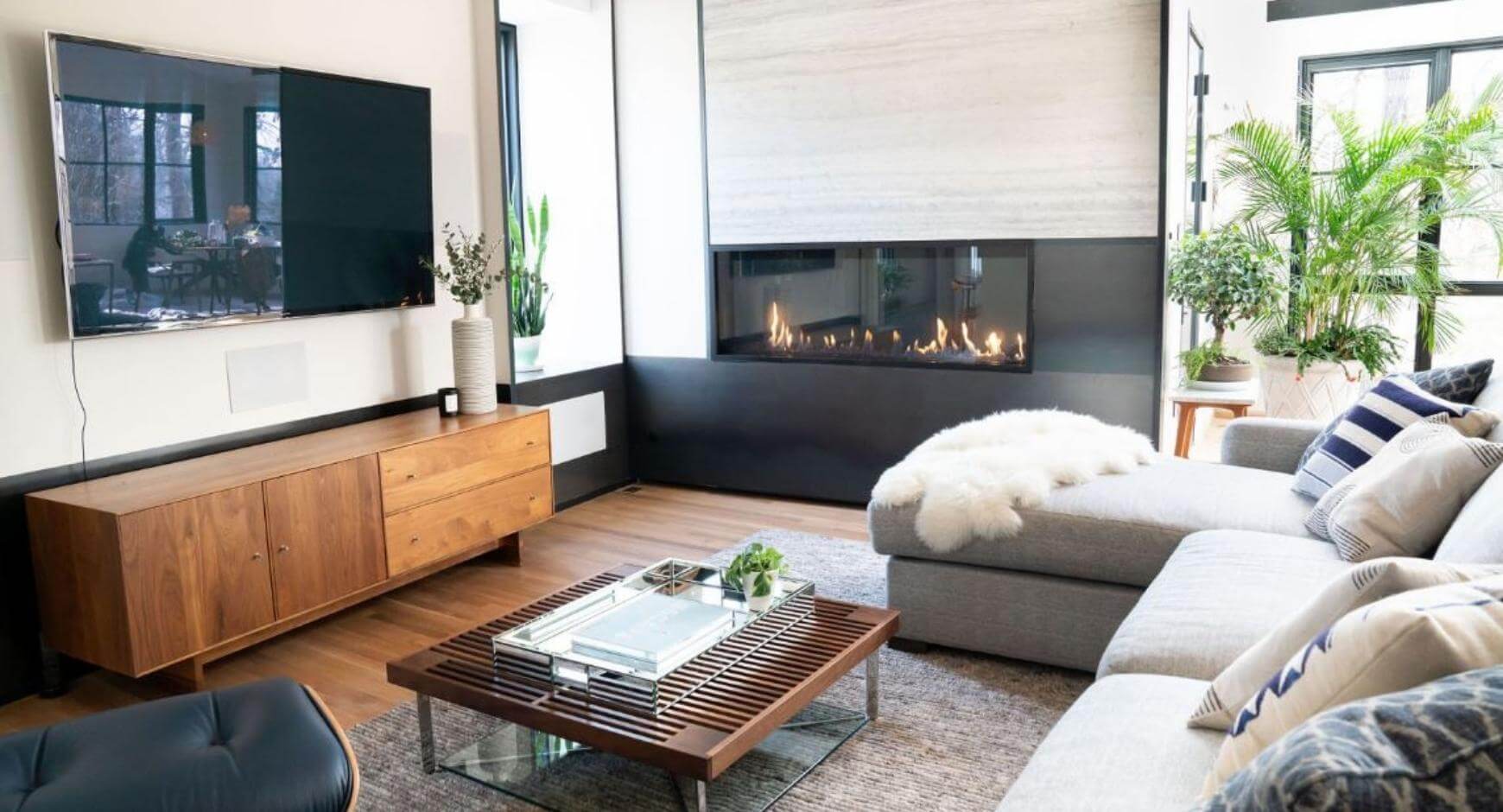 linear fireplace in modern home