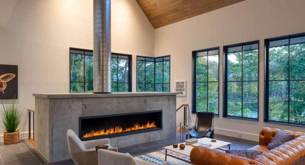 frameless modern cabin fireplace