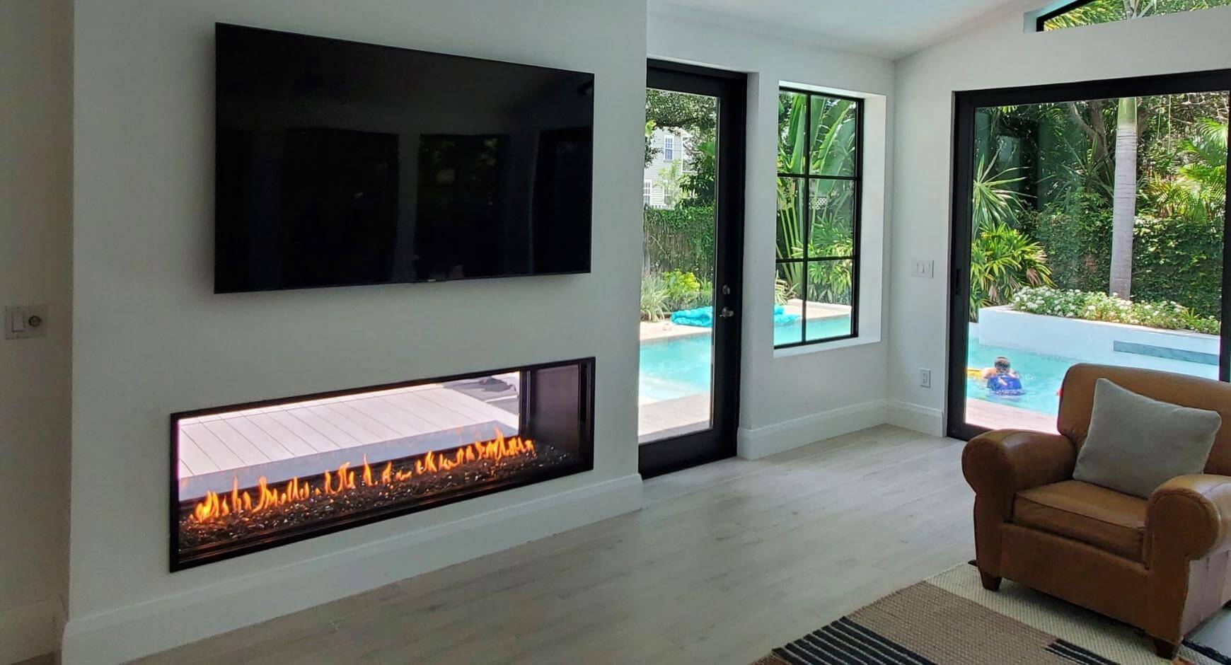 linear see through fireplace