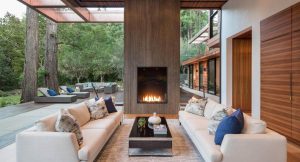 Tall wood fireplace