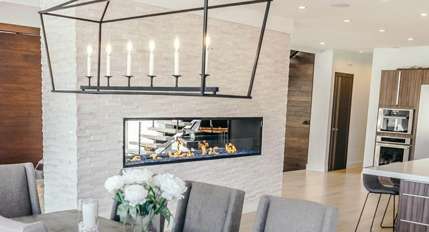 linear fireplace in white brick