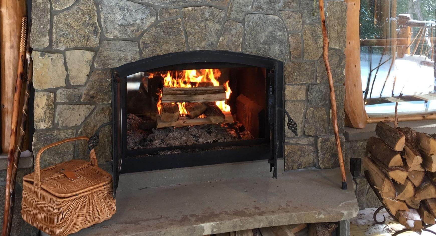 open stone wood fireplace