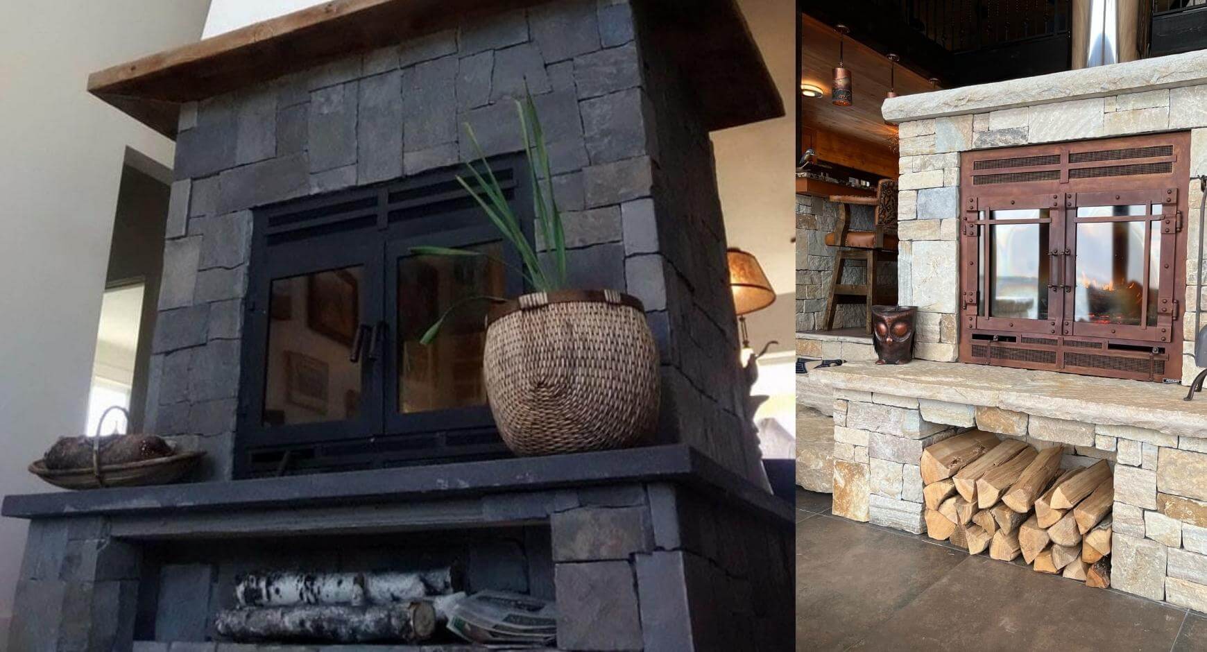 firewood stored under a stone fireplace