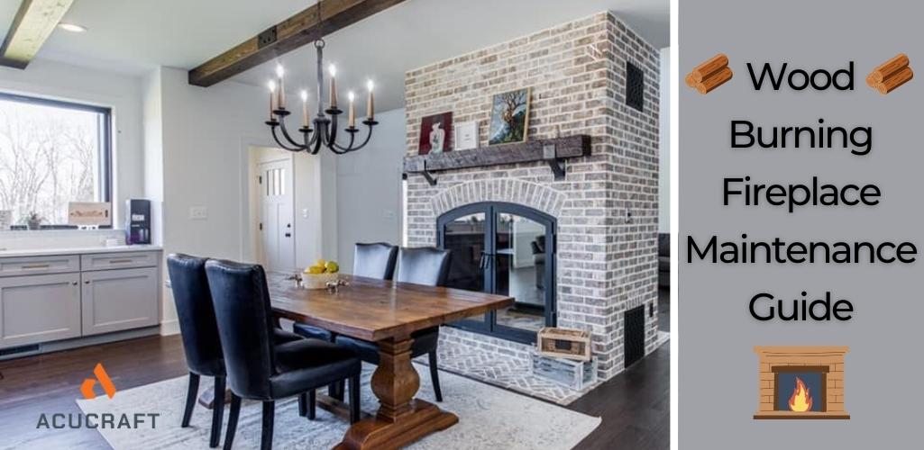 White brick fireplace with dark wood accents