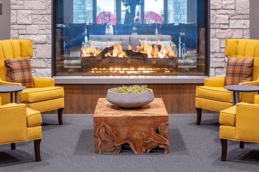 double sided gas fireplace with logs in modern living room