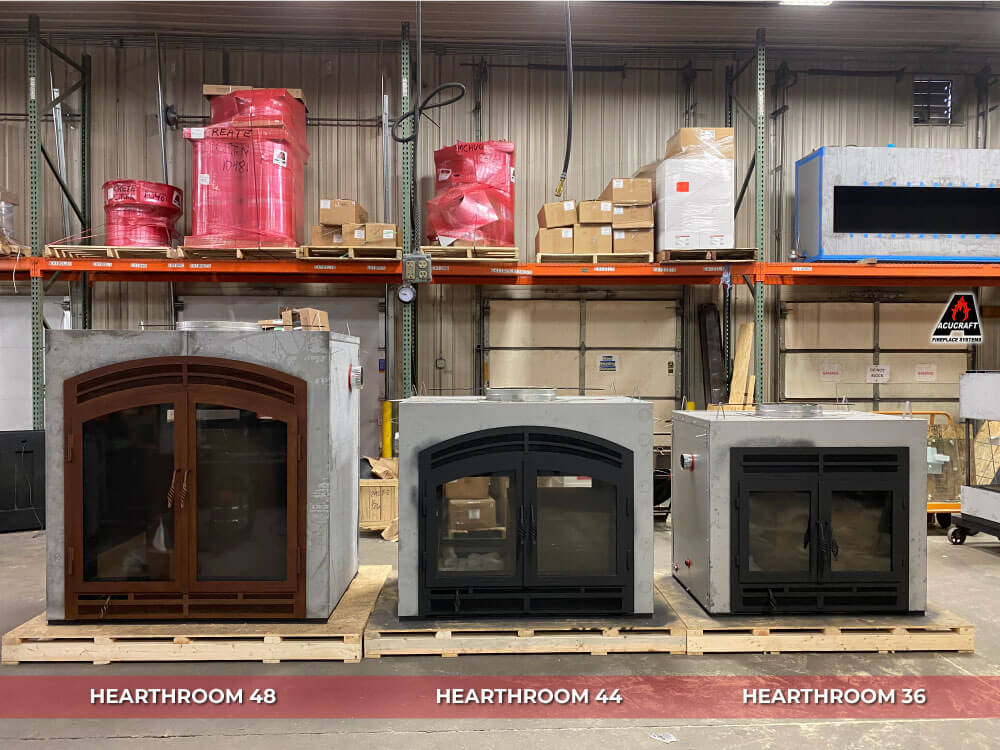 Three sizes of wood burning fireplaces