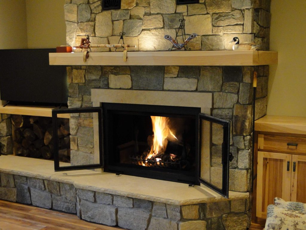 stone wood burning fireplace