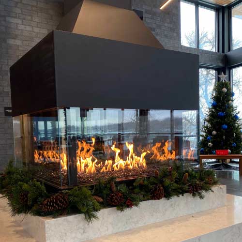 gas fireplace with four sided glass view