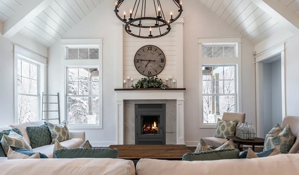 Gorgeous slim wood burning fireplace in farmhouse style living room