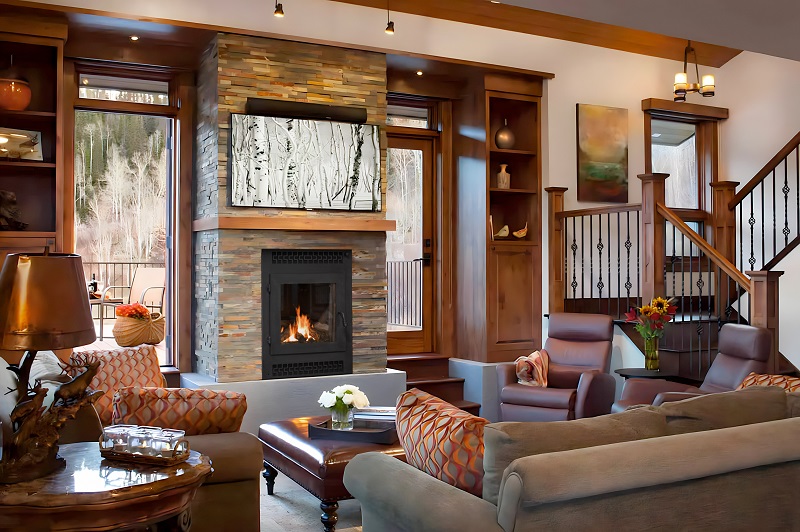 rustic living room ideas with stacked stone fireplace