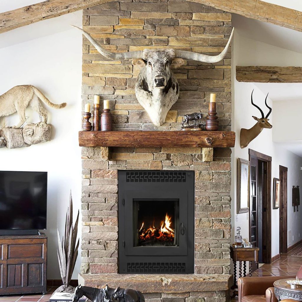 rustic living room with stone fireplace and exposed beams