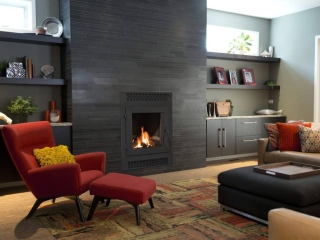 contemporary living room with front facing wood fireplace