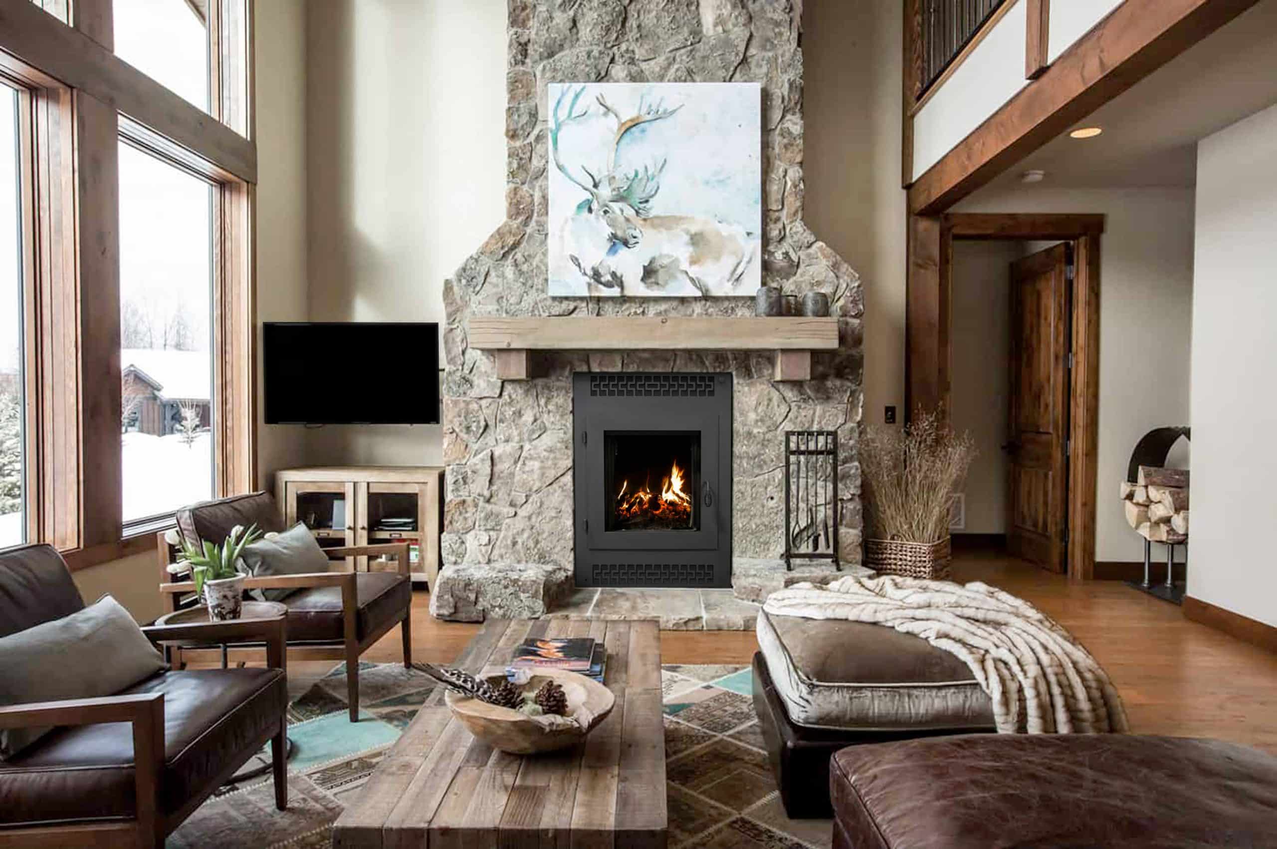 Small wood-burning fireplace in a living room with a wood coffee table