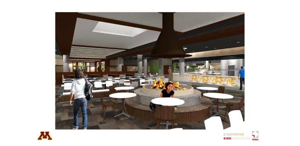 plans for a university dining hall with a custom fireplace