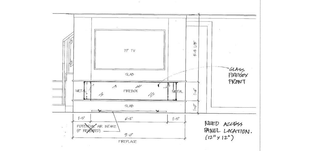 plans of a see-through fireplace with a tv over the mantel
