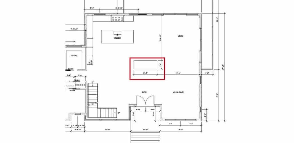 plans of a two-sided fireplace in the kitchen and dining area