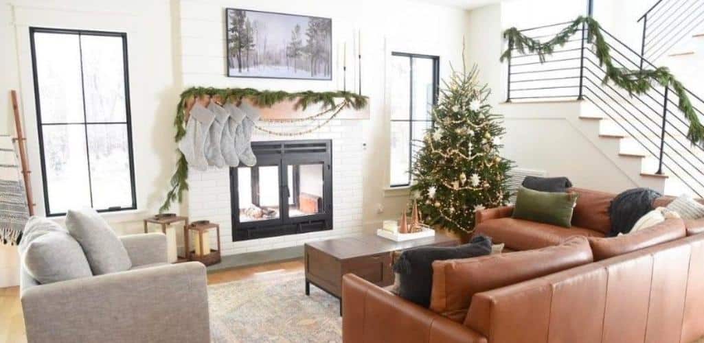 a living room with a two-sided fireplace