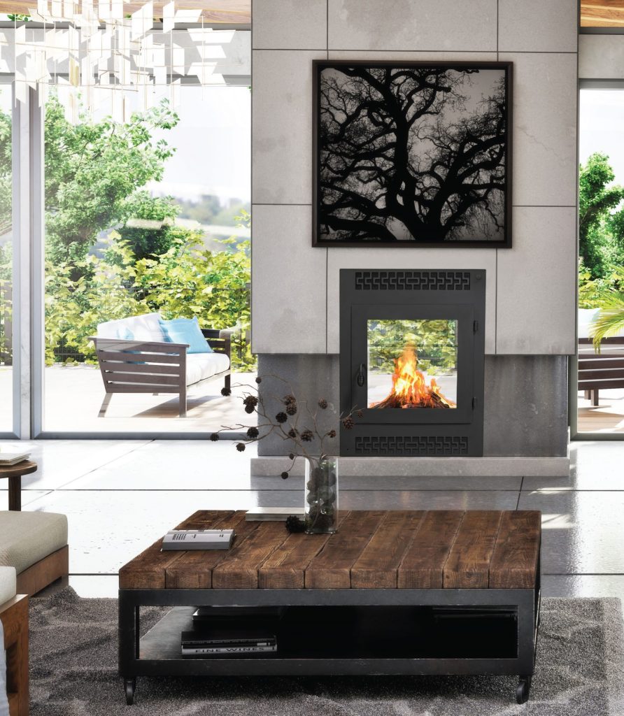 two way wood burning fireplace in modern living room