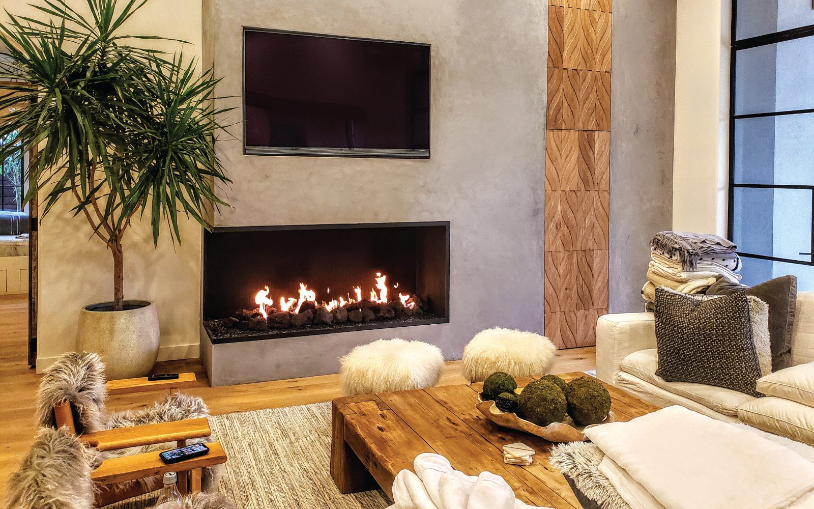 Chic, cozy living room with a multi-view open gas fireplace.