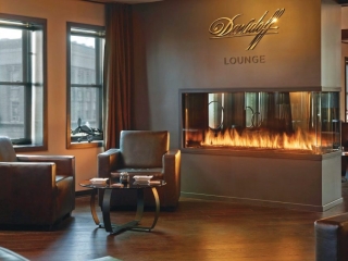 a 3 sided multi view gas fireplace in a cigar lounge