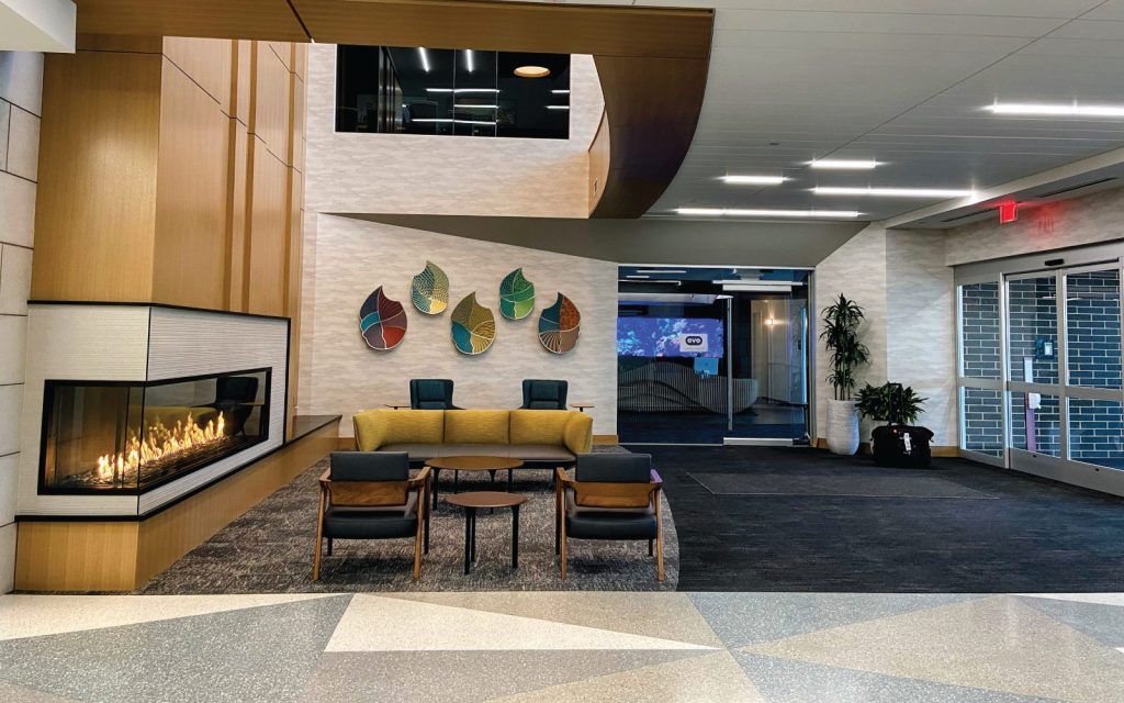 lobby multi view fireplace with large flames and stones