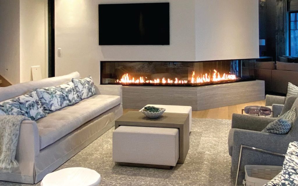 modern living room with angled linear gas fireplace