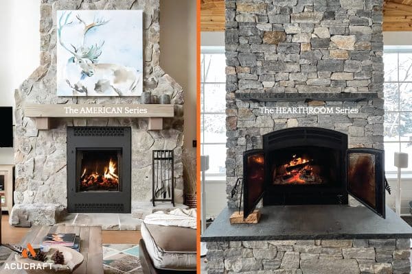 two photos of traditional classic looking wood burning fireplaces with stone finishes