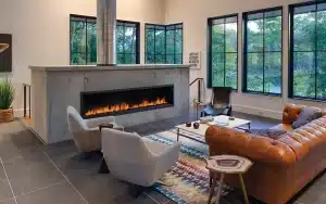 warm living room-design with concrete-fireplace