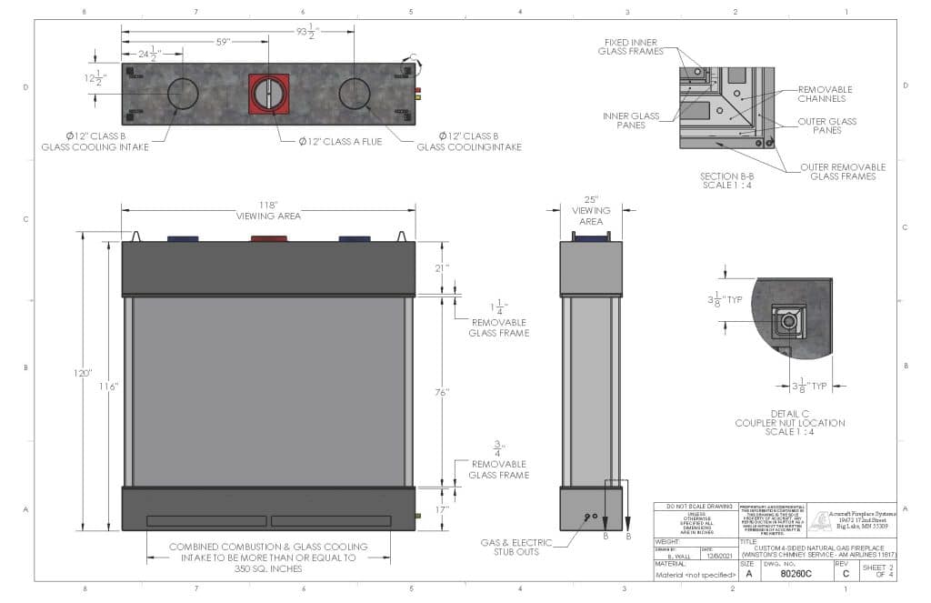 an image of a four sided gas fireplace drawing from Acucraft