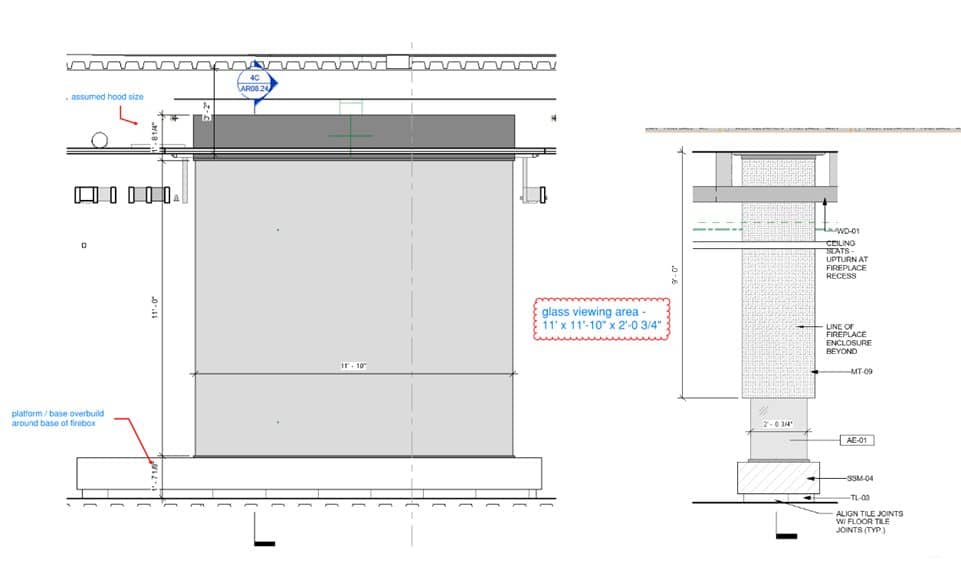 structural rendering for four sided glass fireplace