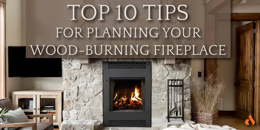 an image of a rustic wood burning fireplace promoting the top 10 tips for planning a wood burning fireplace