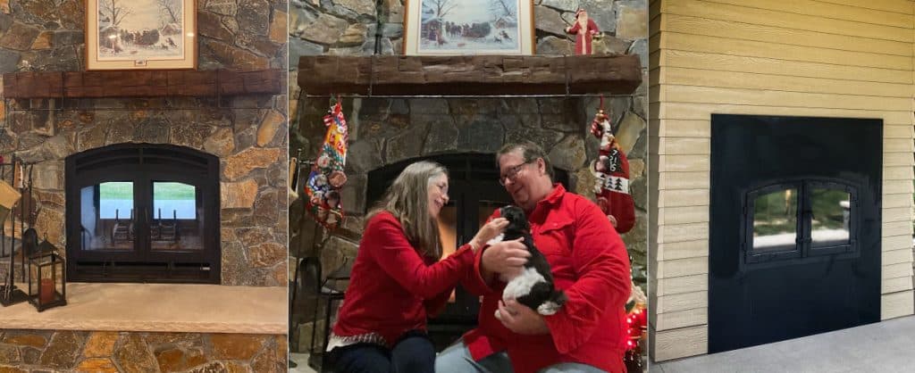 a collage of a couple enjoying their wood burning fireplace alongside their beloved dog