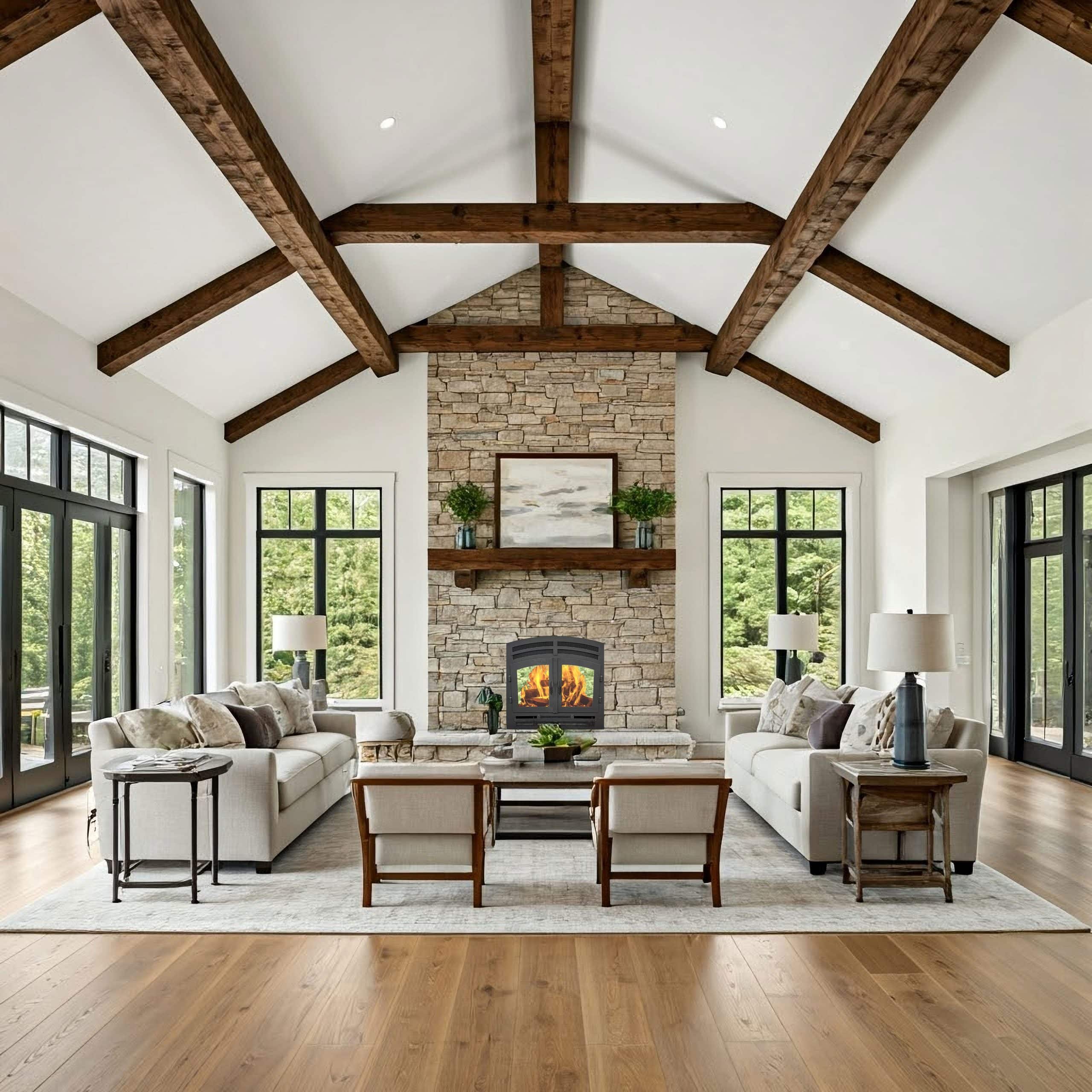 Elegant living room with vaulted ceiling and Hearthroom 30 wood-burning fireplace in a stone surround