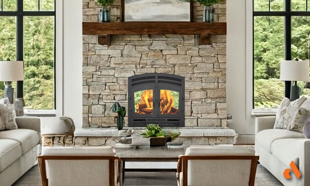 an image of a double sided indoor outdoor wood burning fireplace in a beige farmhouse style living room with stone surround