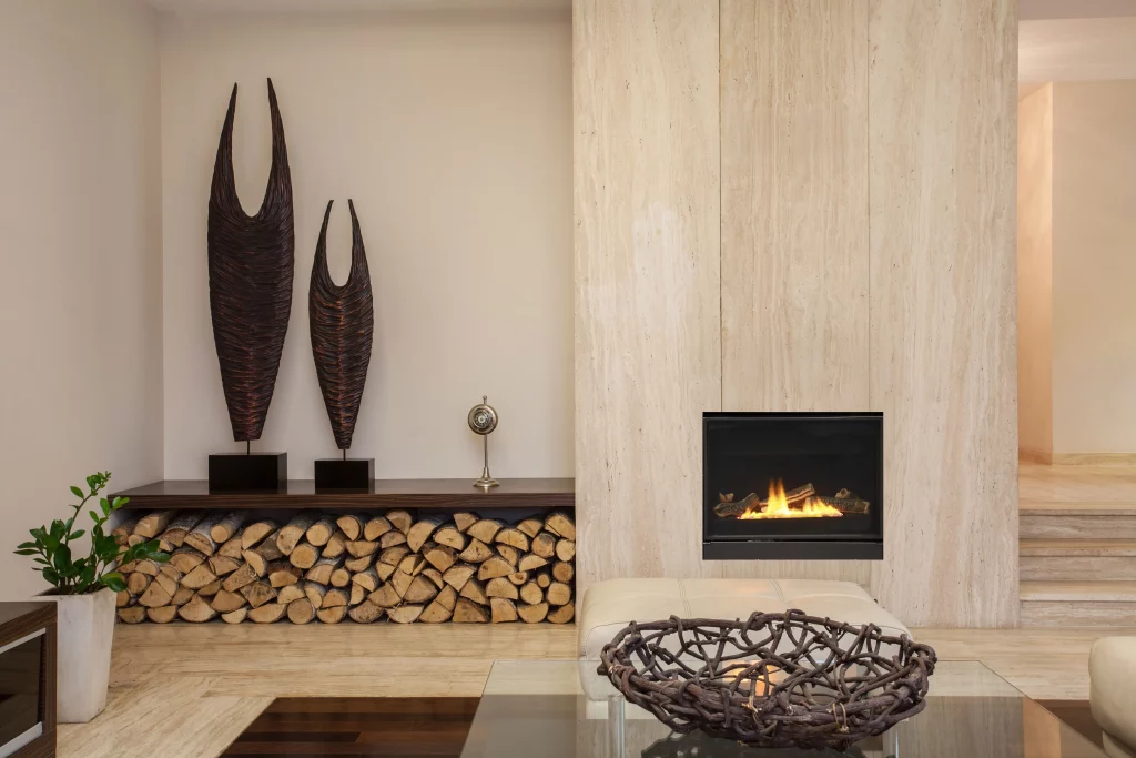 contemporary living room with front facing direct vent fireplace with gas logs