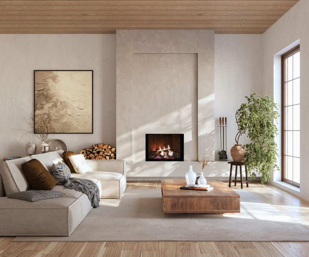 cozy contemporary living room with a direct vent gas fireplace with logset