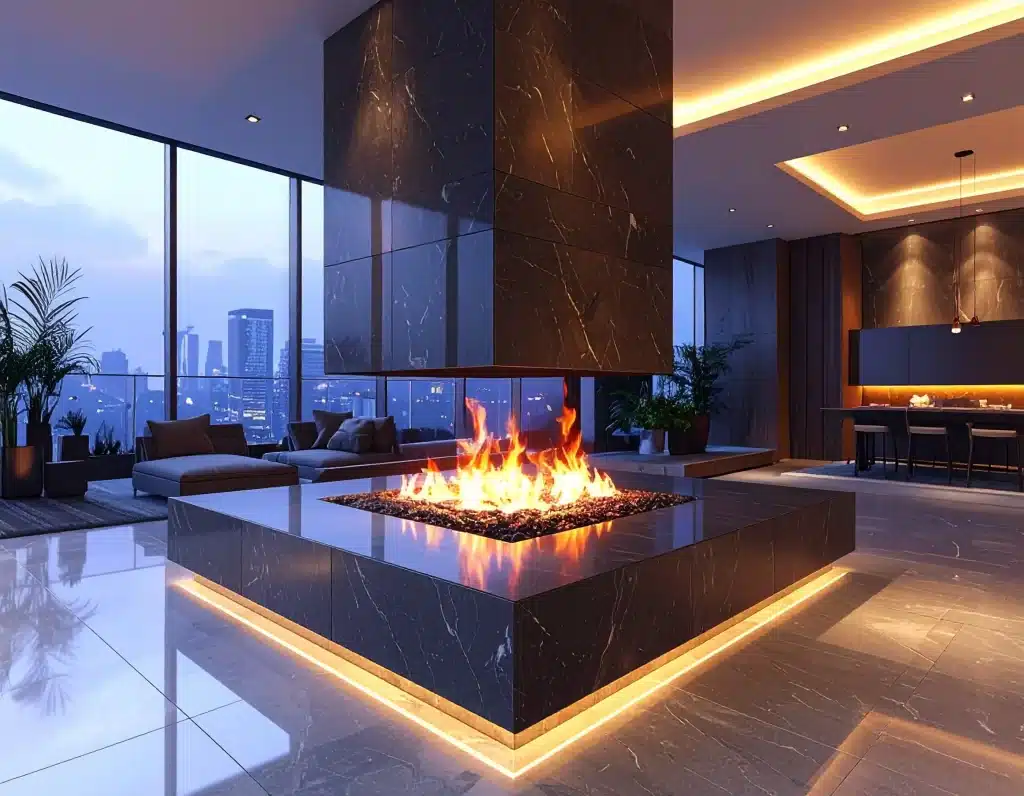 an image of a rendering depicting an indoor fire pit made with vapor technology by acucraft fireplaces