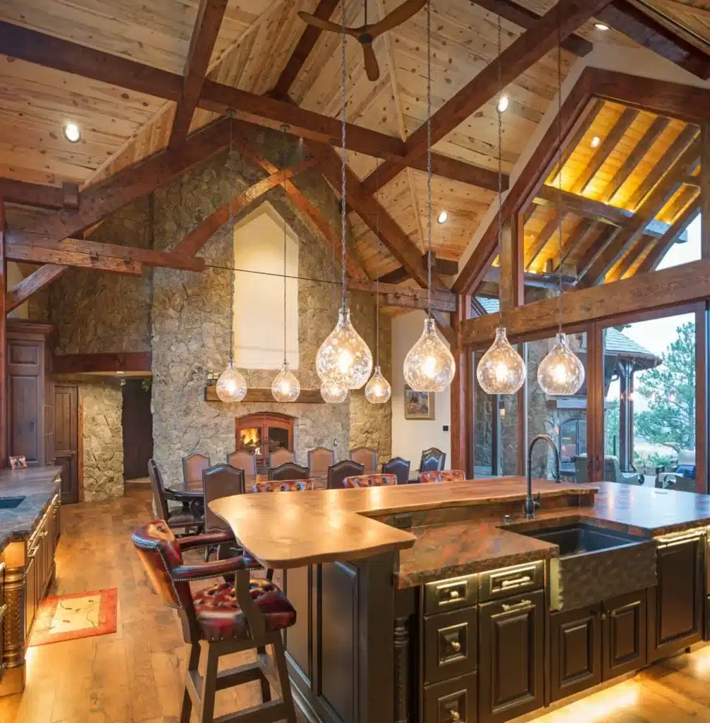 double-sided wood fireplace rustic ambiance