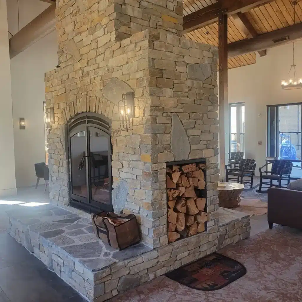 rustic stone double sided fireplace