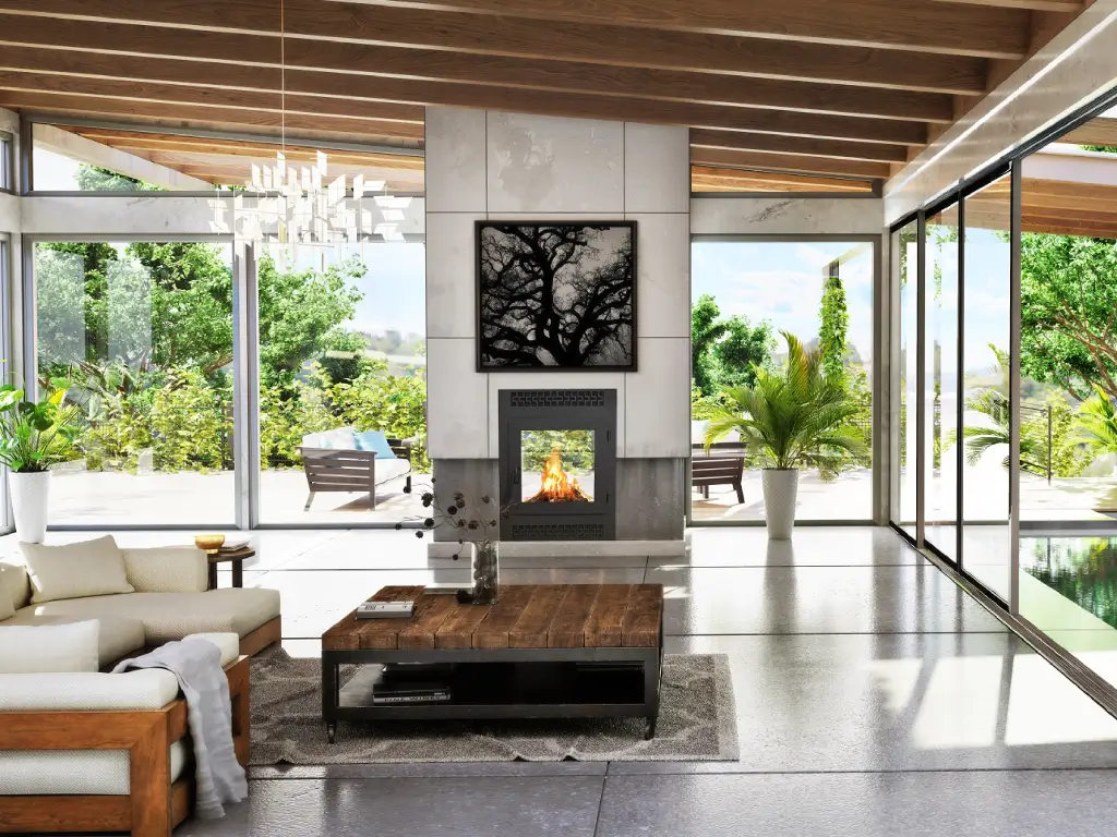 Acucraft-American-Indoor-Outdoor-Two-Sided-Wood-Burning-Fireplace-in-Contemporary-Home