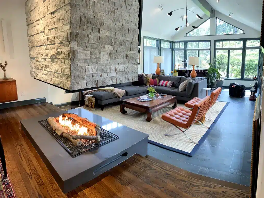 Acucraft-Custom-Open-Four-Sided-Indoor-Gas-Fire-Pit-with-Black-Glass-Media-Driftwood-Logs