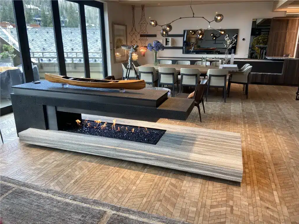 Acucraft Custom Open Gas Peninsula Fireplace with Lava Rock